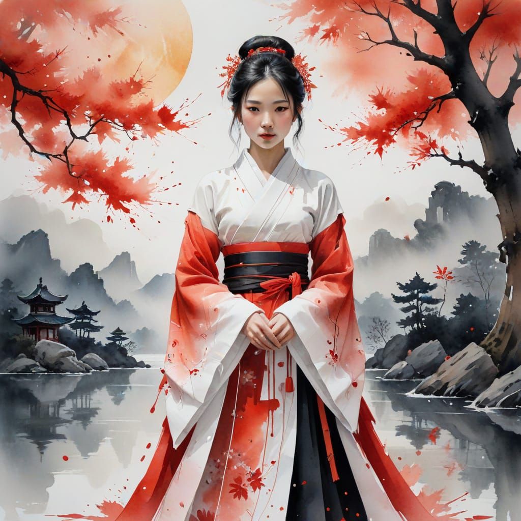 Elegant Hanfu Lady by Misty Lake