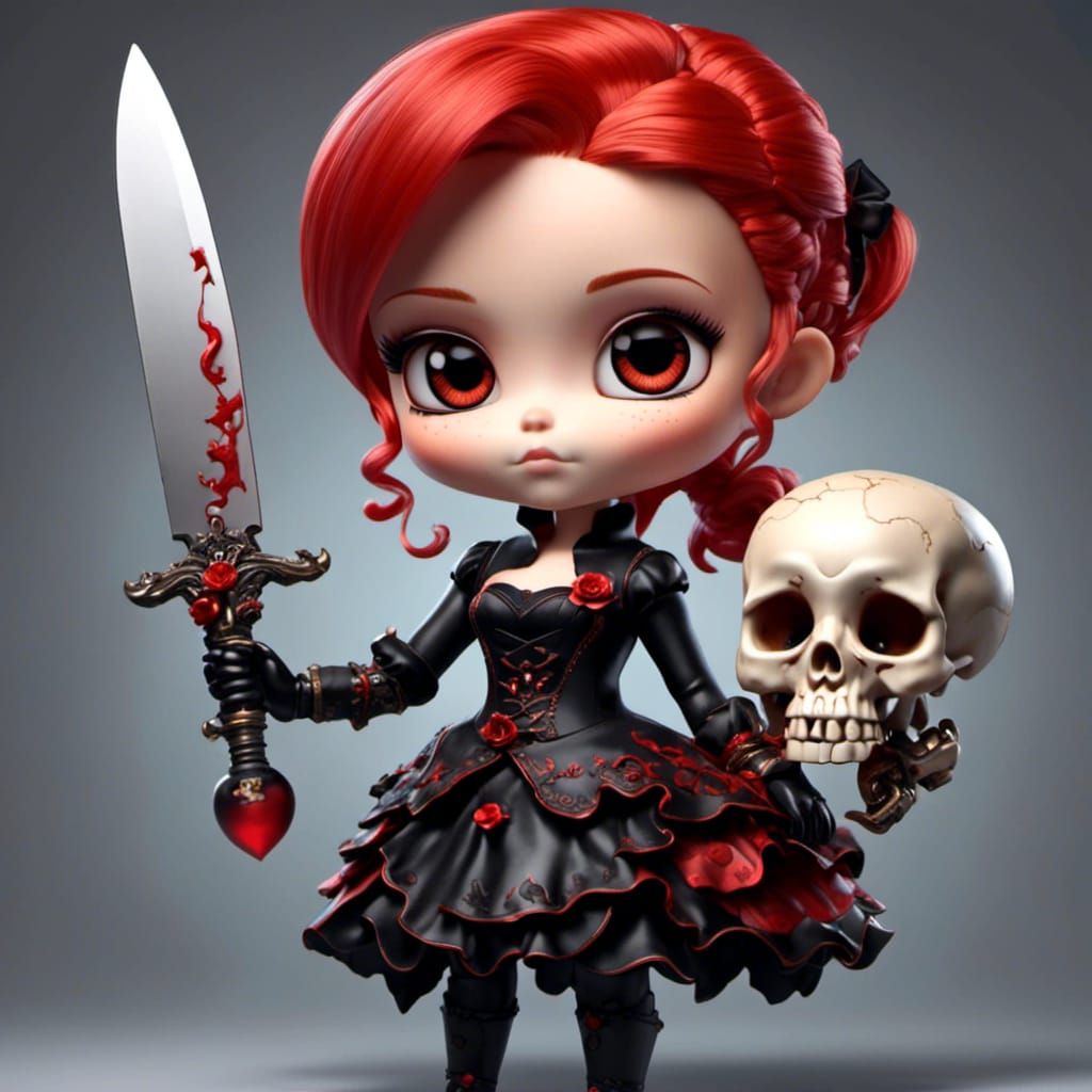 Chibi Girl with Knife and Skull in 3D Style