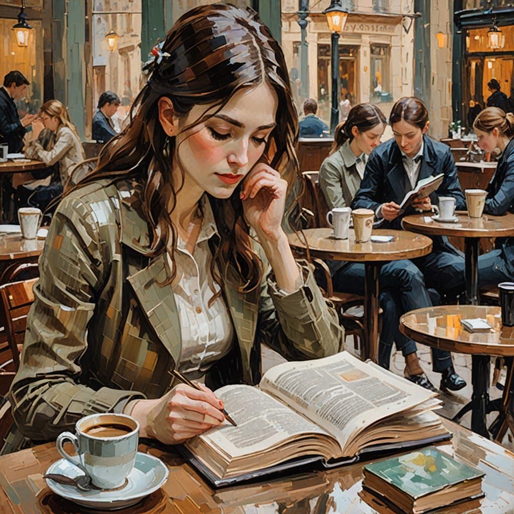 Mysterious Woman Reading in Coffee Shop: Impressionistic Sty...