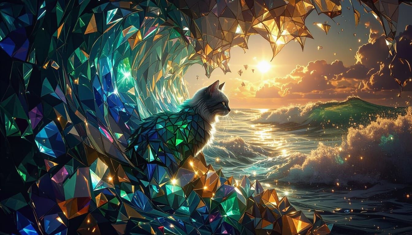 Shimmering Glass Fur Cat in Luminous Tide