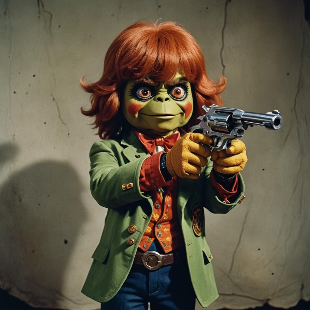H R Pufnstuf with Revolver: Cinematic Film Still
