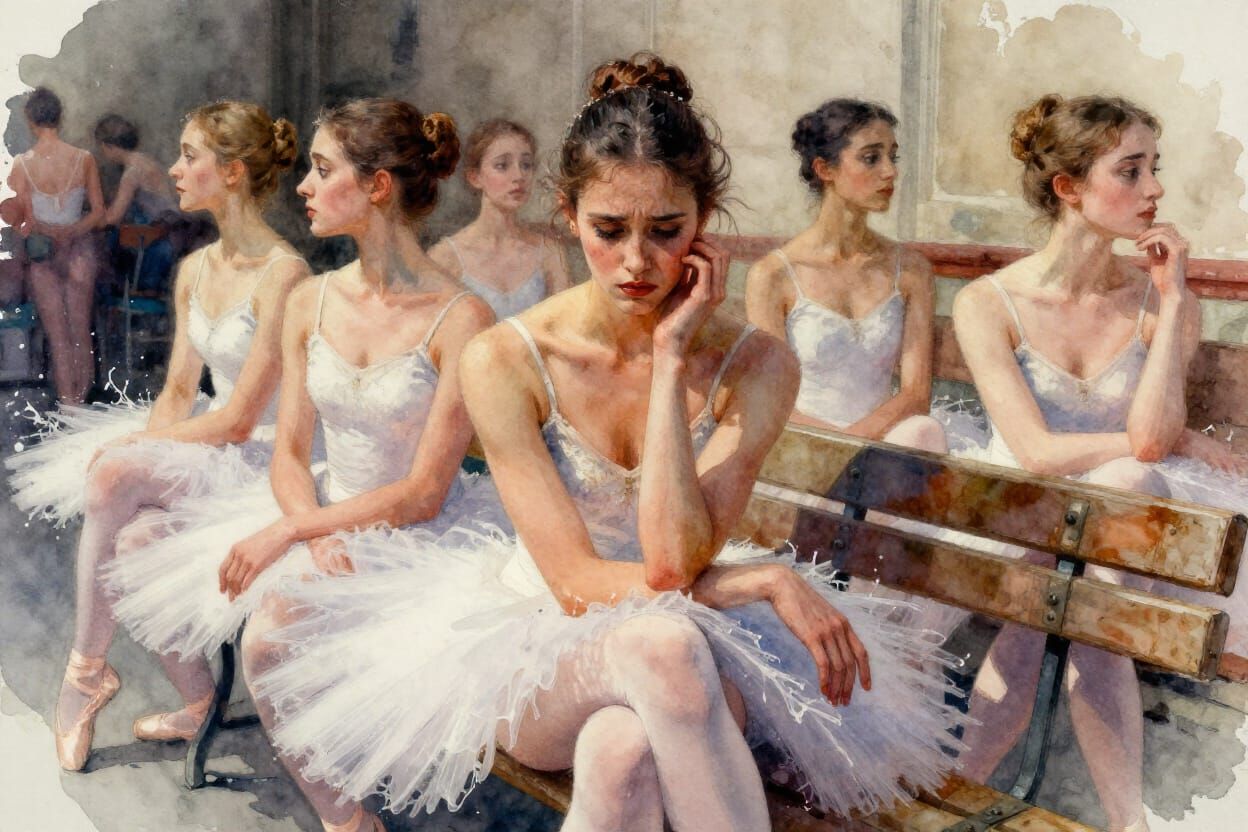 Nervous Ballet Dancers Await Audition in Watercolor Style