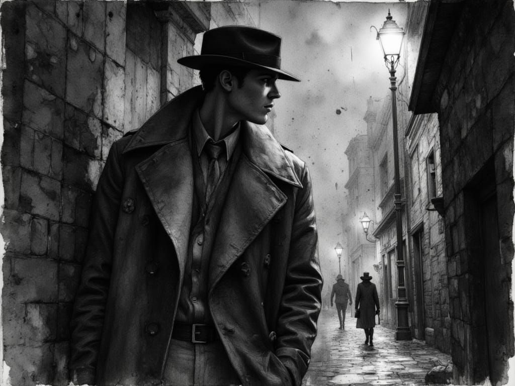 Noir Comic: Lonely Man in Trench Coat with Fedora
