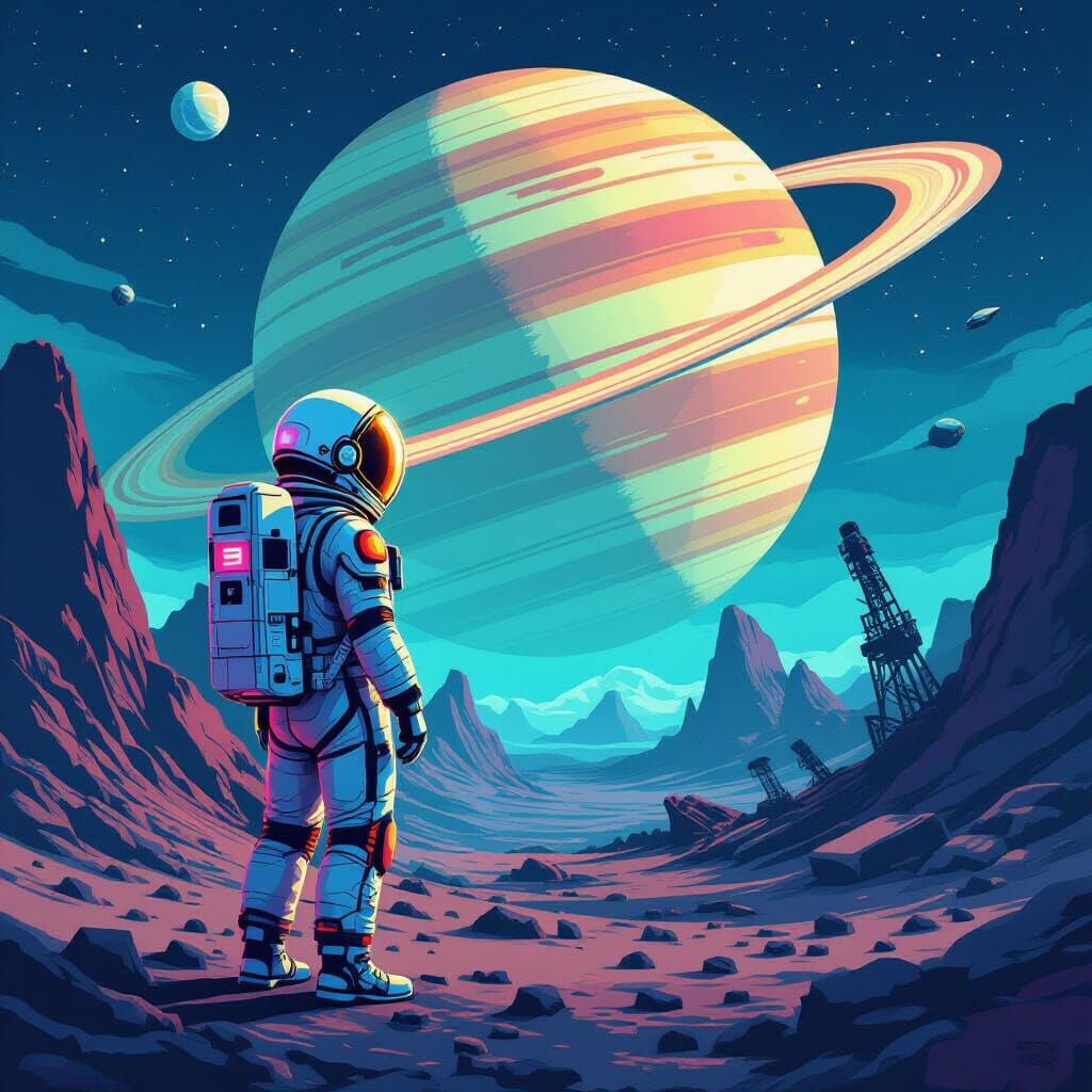 Astronaut on Alien Planet in Pixel Art Style