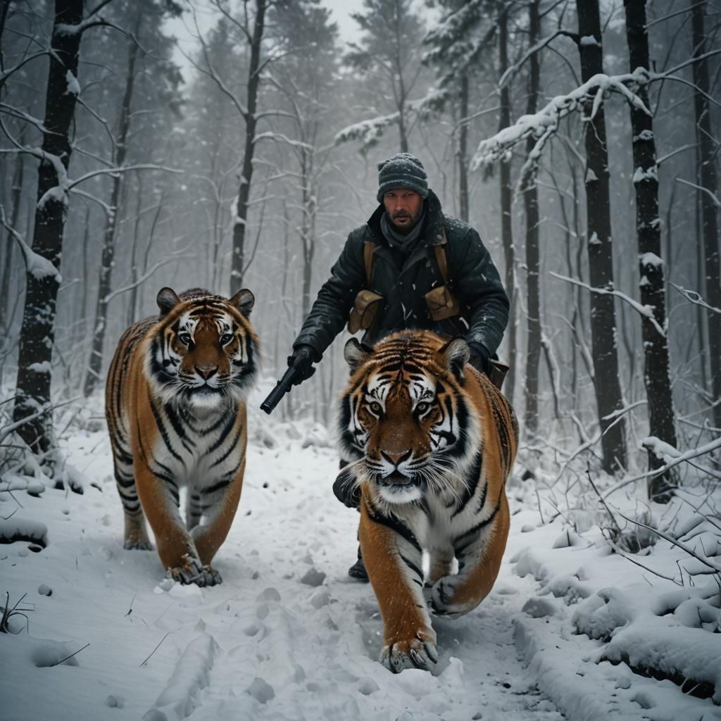 Snowy Siberian Tiger Hunts Hunter in Cinematic Film Still