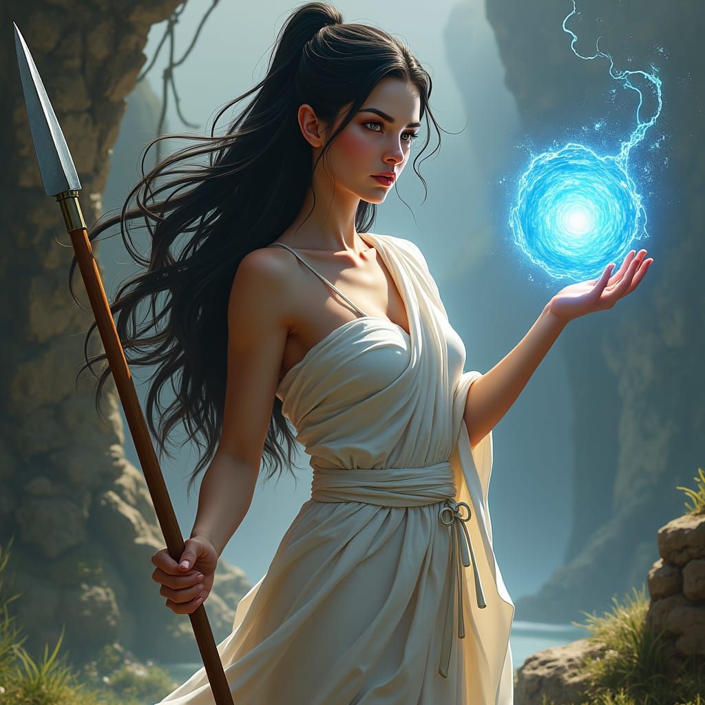Elven Woman with Spear and Magic, Matte Painting