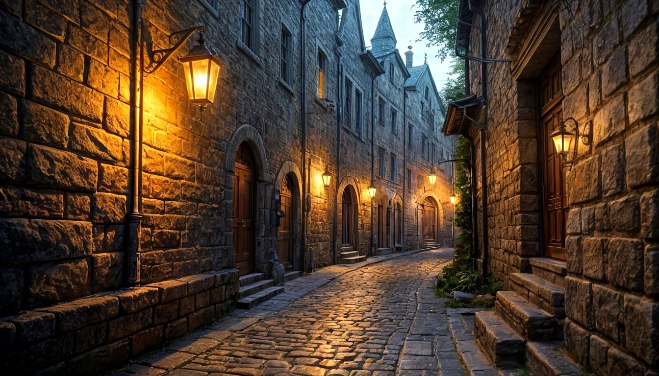 Medieval Alleyway with Lanterns and Shadowy Figure