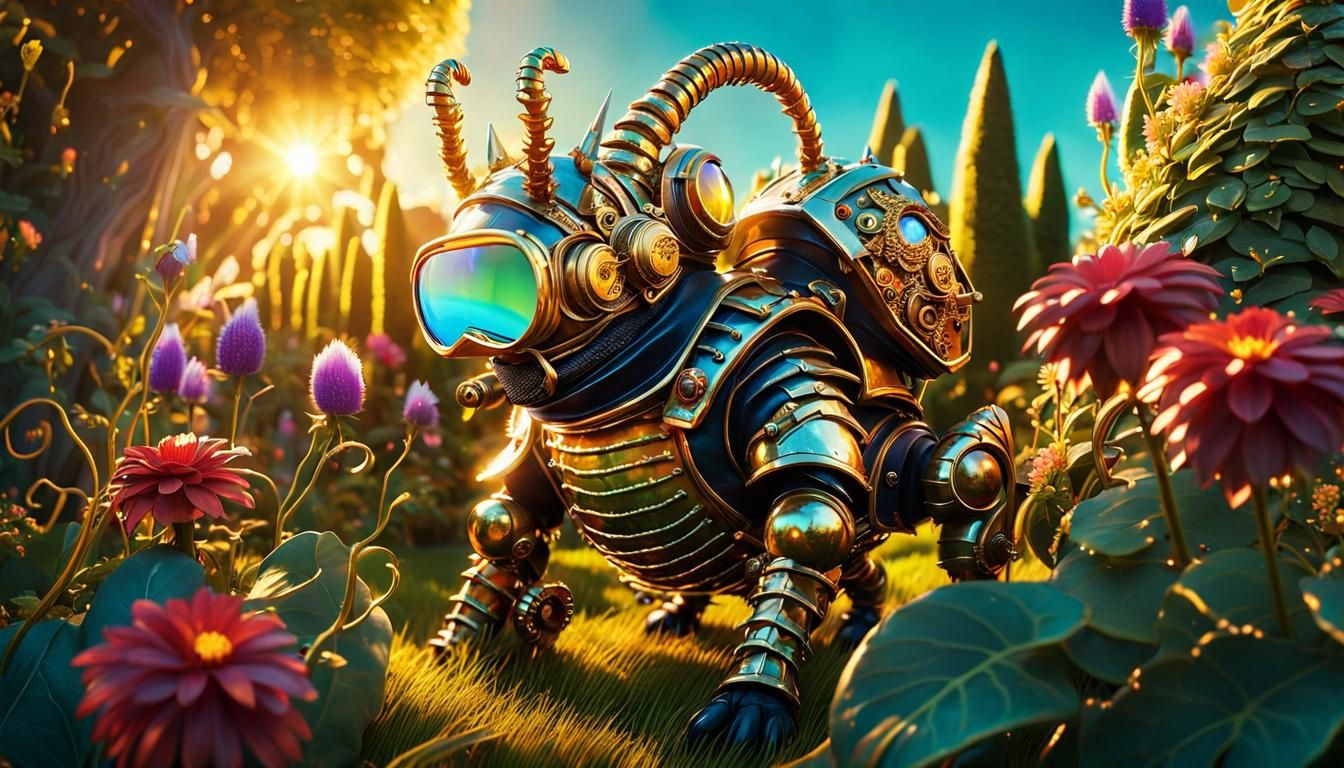 Gnome Rides Armored Centipede in Steampunk Garden