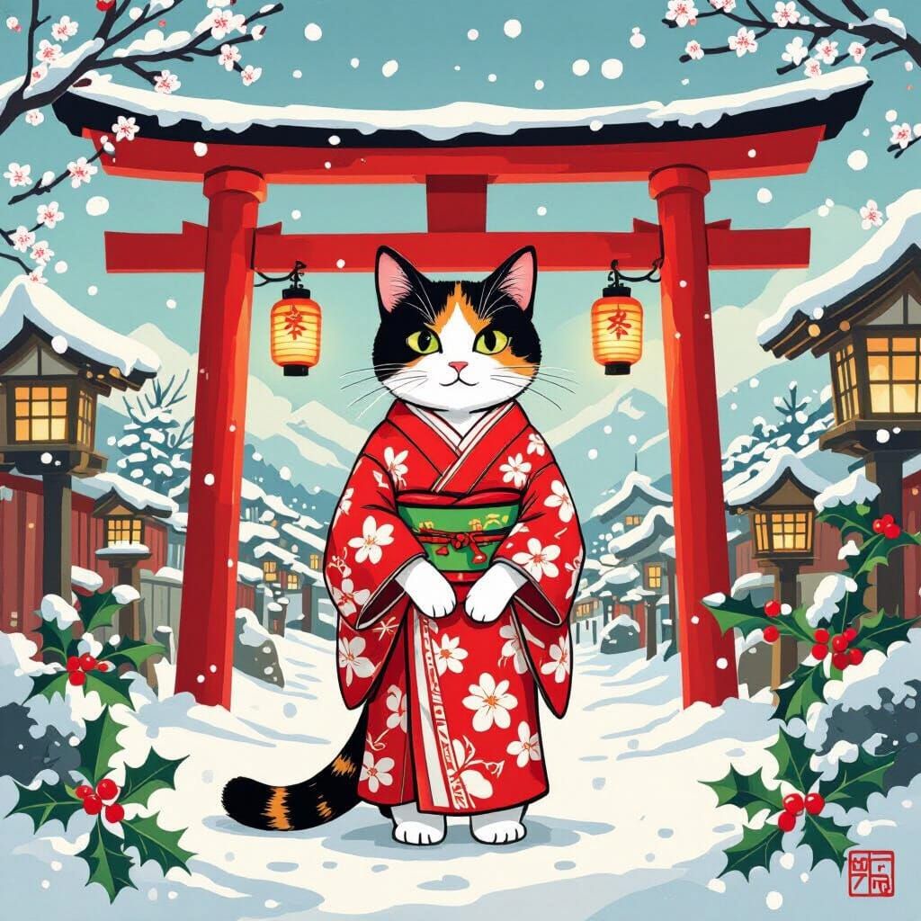 Calico Cat in Kimono at Snowy Torii Gate, Ukiyo-e Style