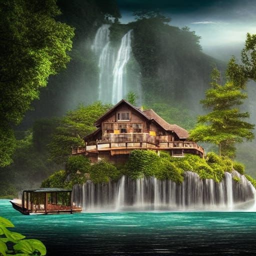 Idyllic Lake House on Island with Waterfall