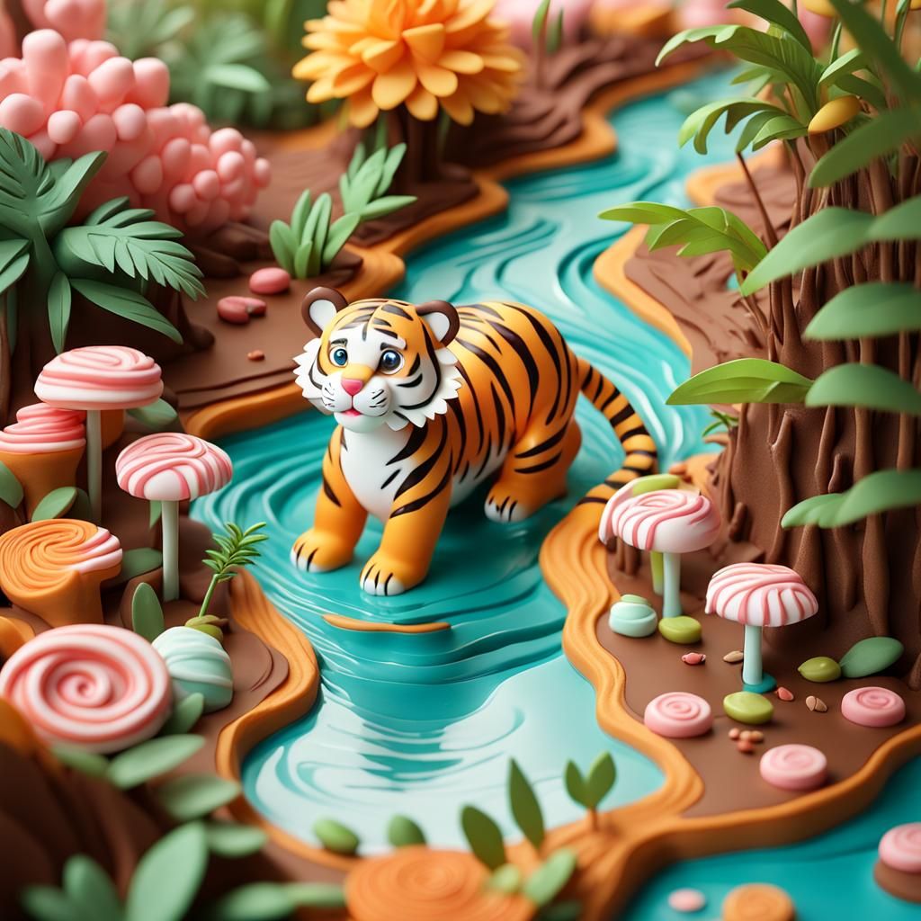 Cute 3D Sugar Paper Tiger in Candy Jungle