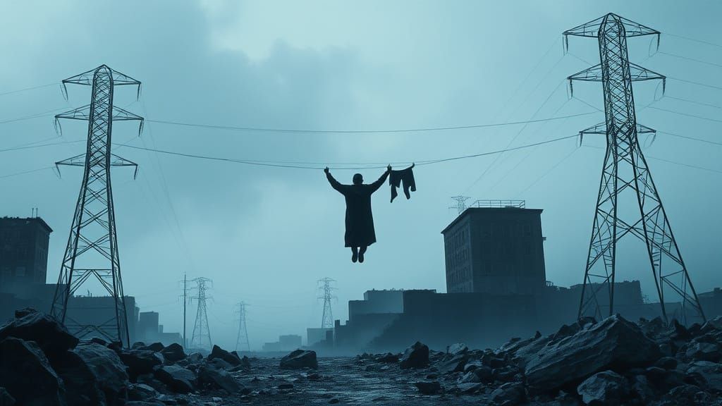 Clothes Hang on Electric Wires in a Desolate Dystopian Lands...