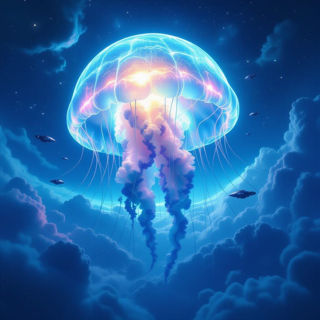 Giant Bioluminescent Jellyfish in Gas Giant Atmosphere