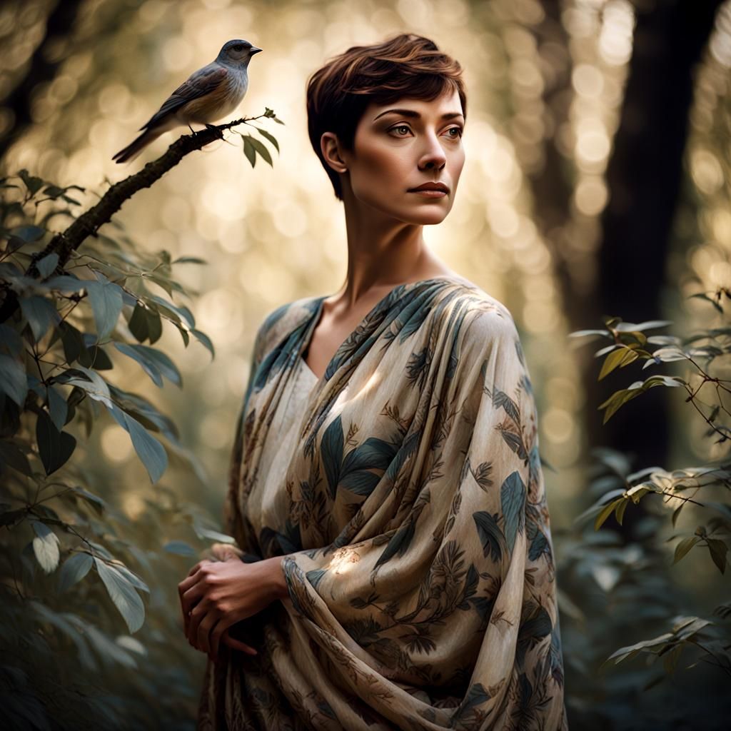 Woman with Bird: Portrait in Bohemian Style