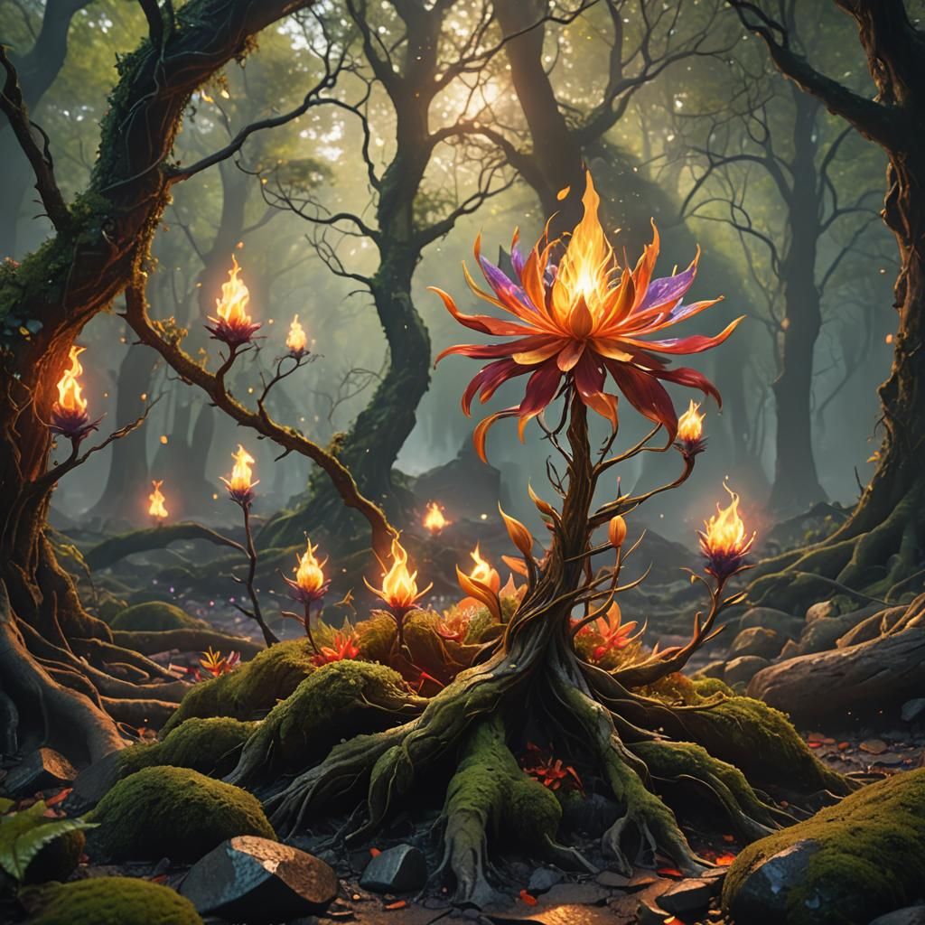 Mystical Fire Flower in Enchanted Forest