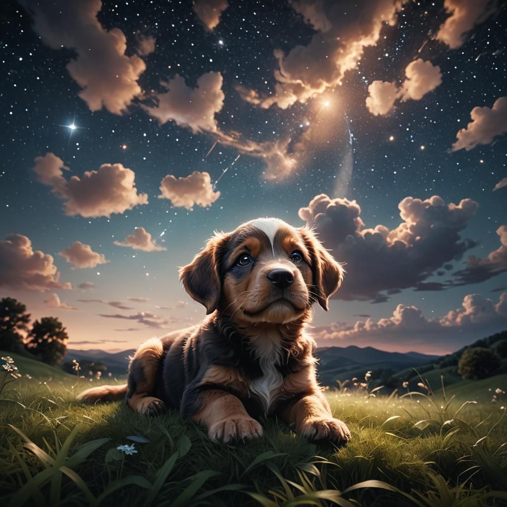 Puppy Stargazing on Grassy Hill Under Starry Sky