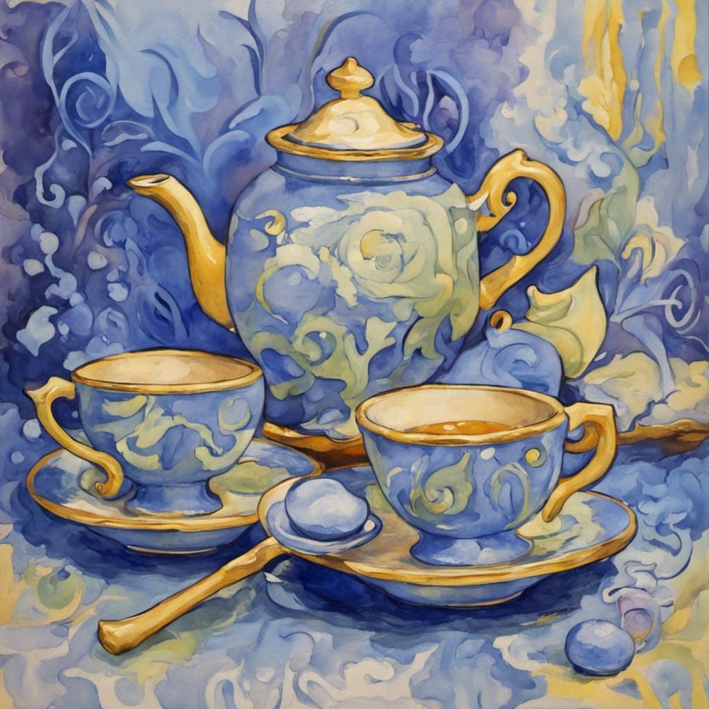 Art Nouveau Tea Set in Gouache Impressionist Style