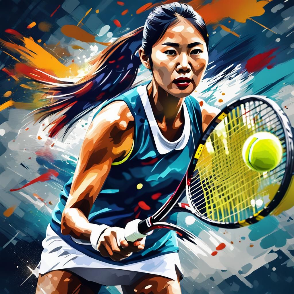Asian Woman Playing Tennis in Splash Art Style