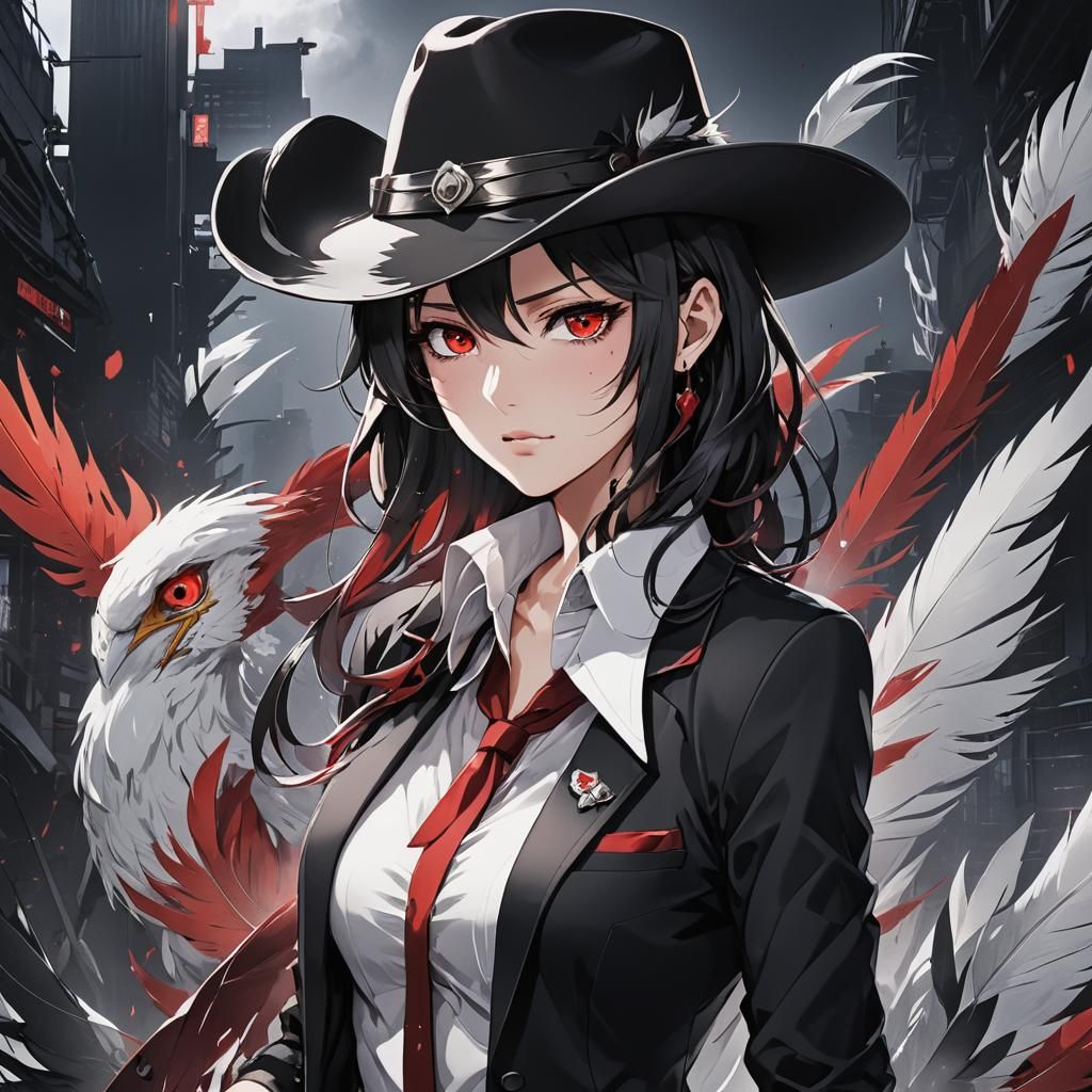 Anime Girl in Pantsuit with Red Eyes