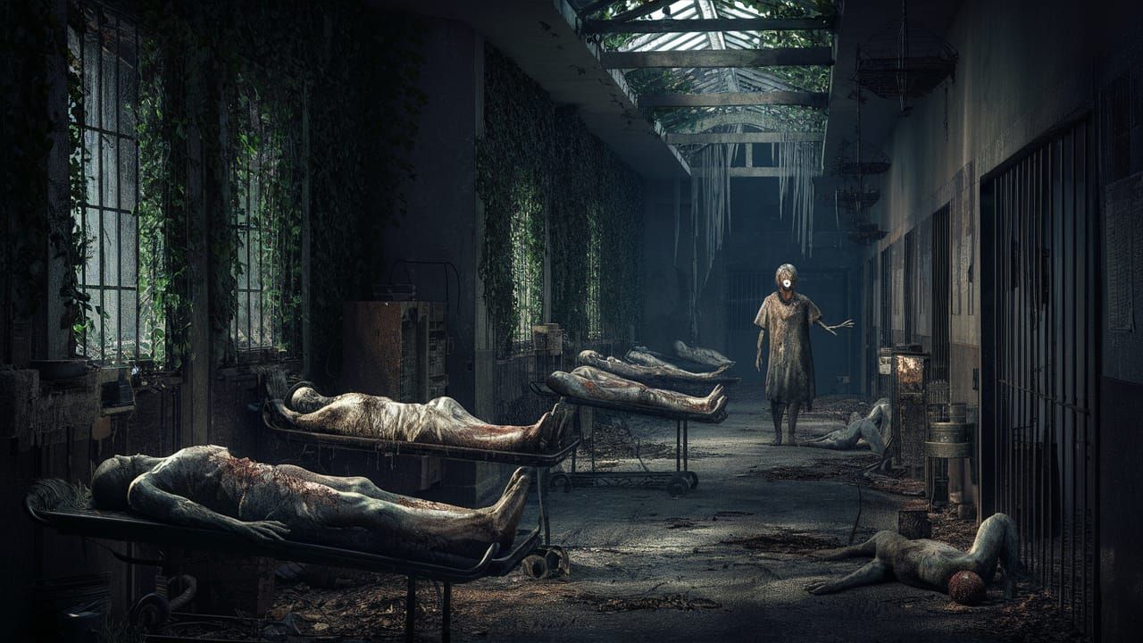 Eerie Abandoned Asylum with Zombie Figures