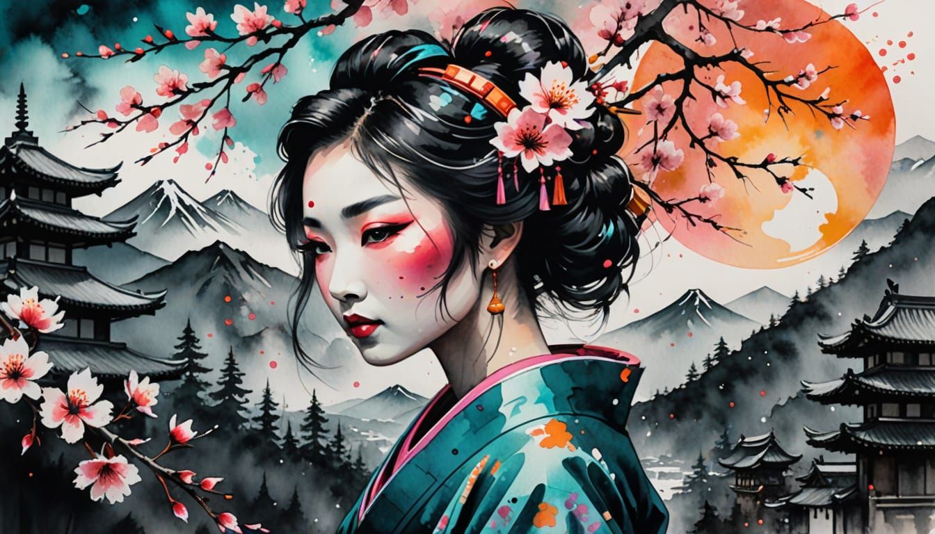 Geisha in Sakura Bloom, Traditional Japanese Village