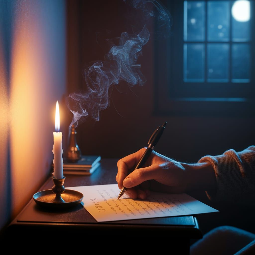 Man Writing Love Letter in Candlelight