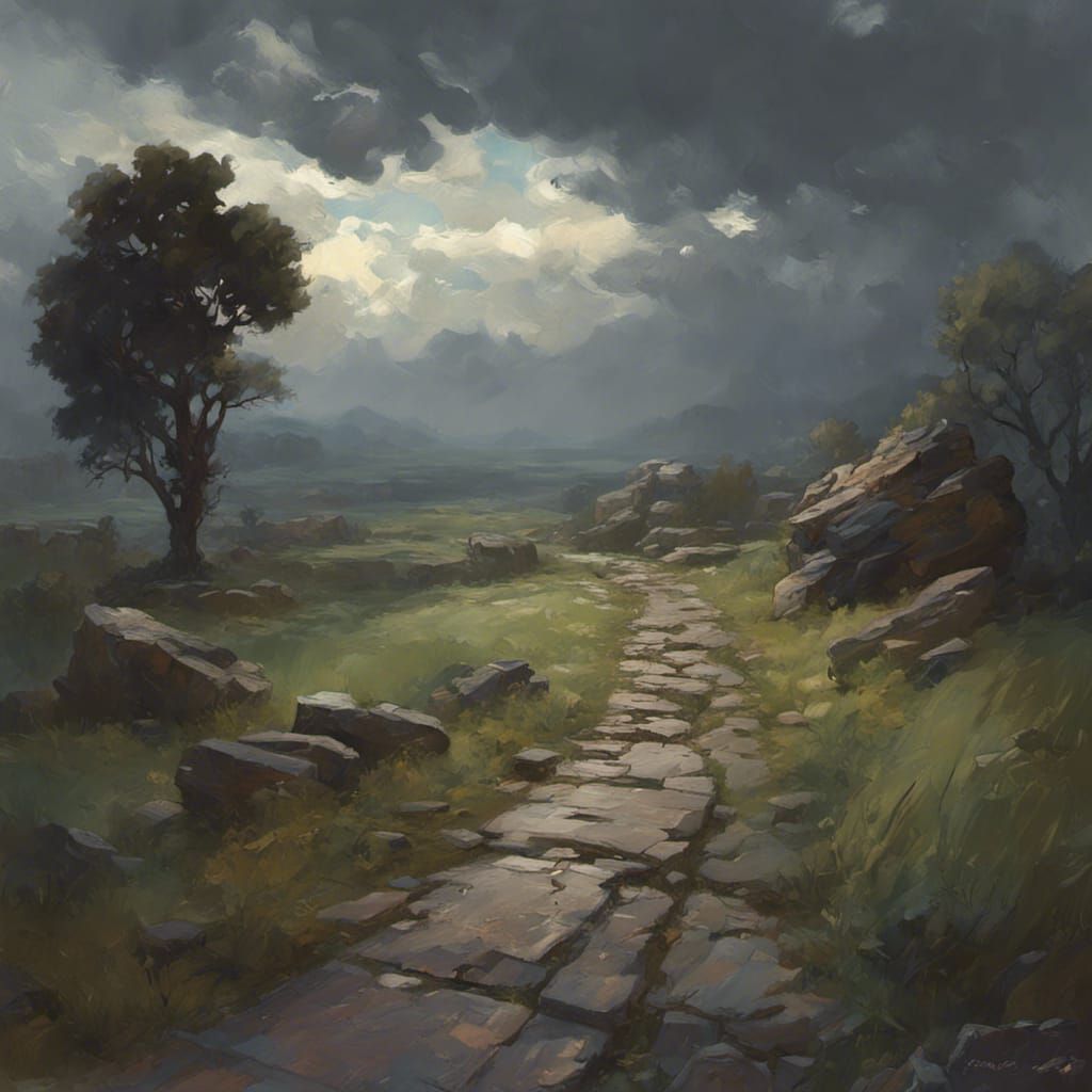 Mystical Stone Road in Dark Fantasy Art Style