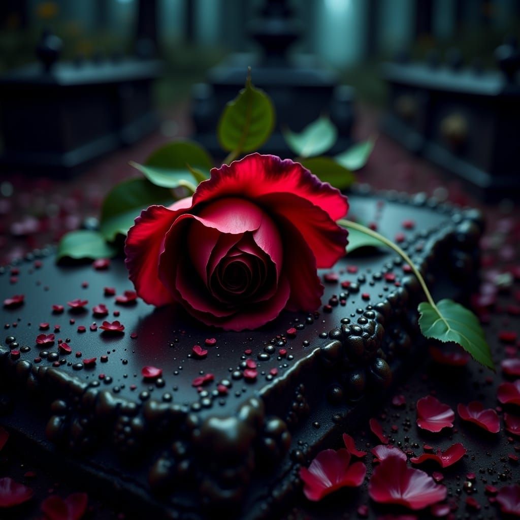 Red Rose on Headstone: Macabre Digital Painting