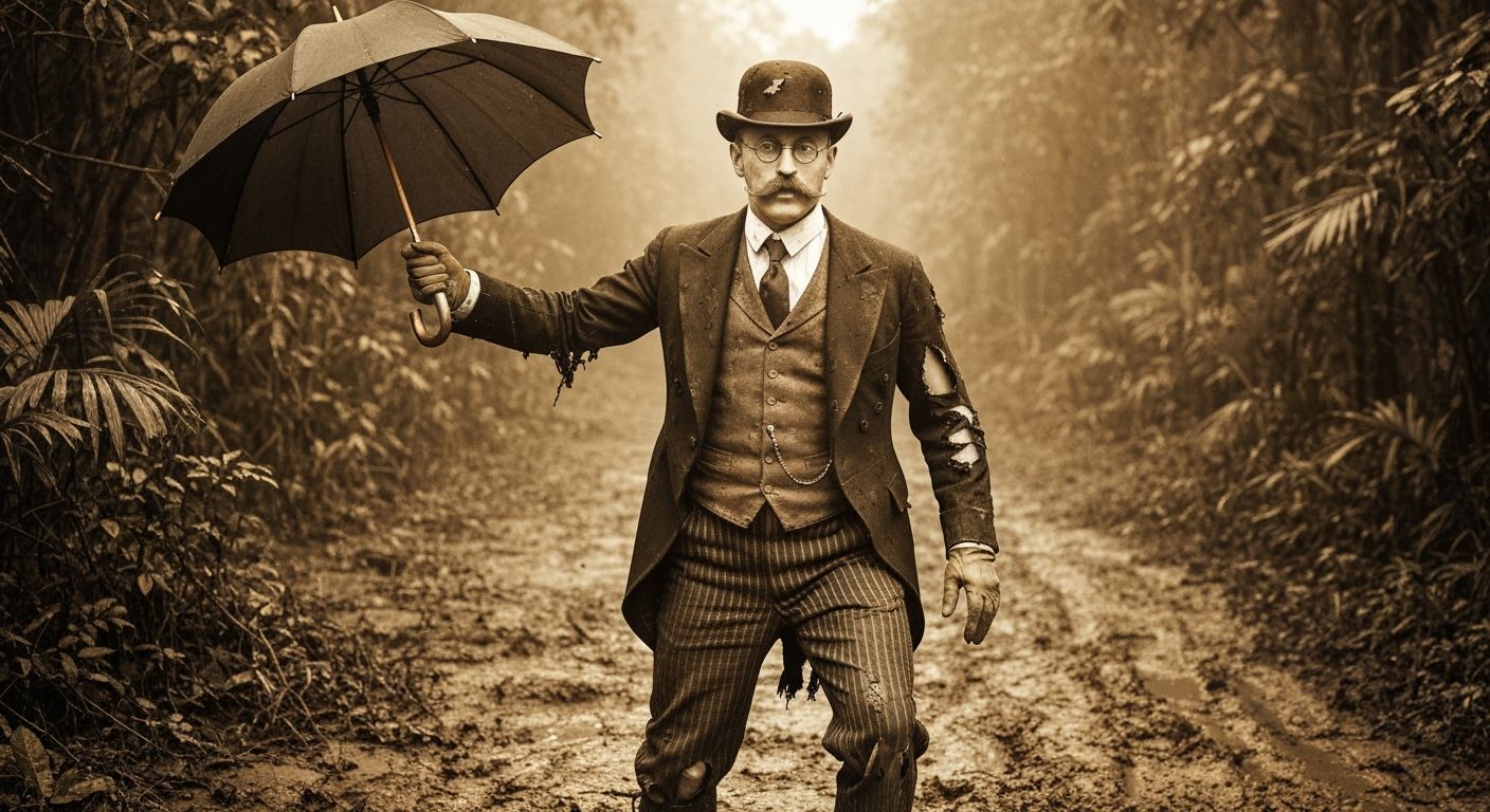 Edwardian Gentleman's Jungle Struggle in Sepia Tone