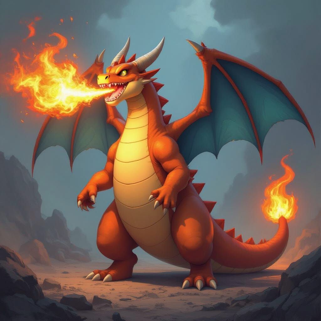Charizard Unleashing Fire in Digital Painting Style