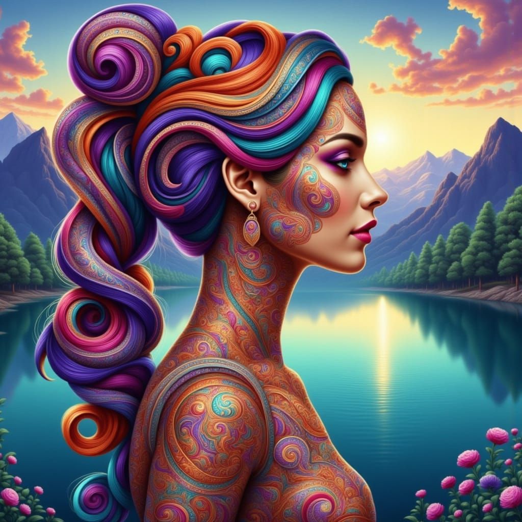 Woman with Multicolored Ponytail and Paisley Mehndi Designs