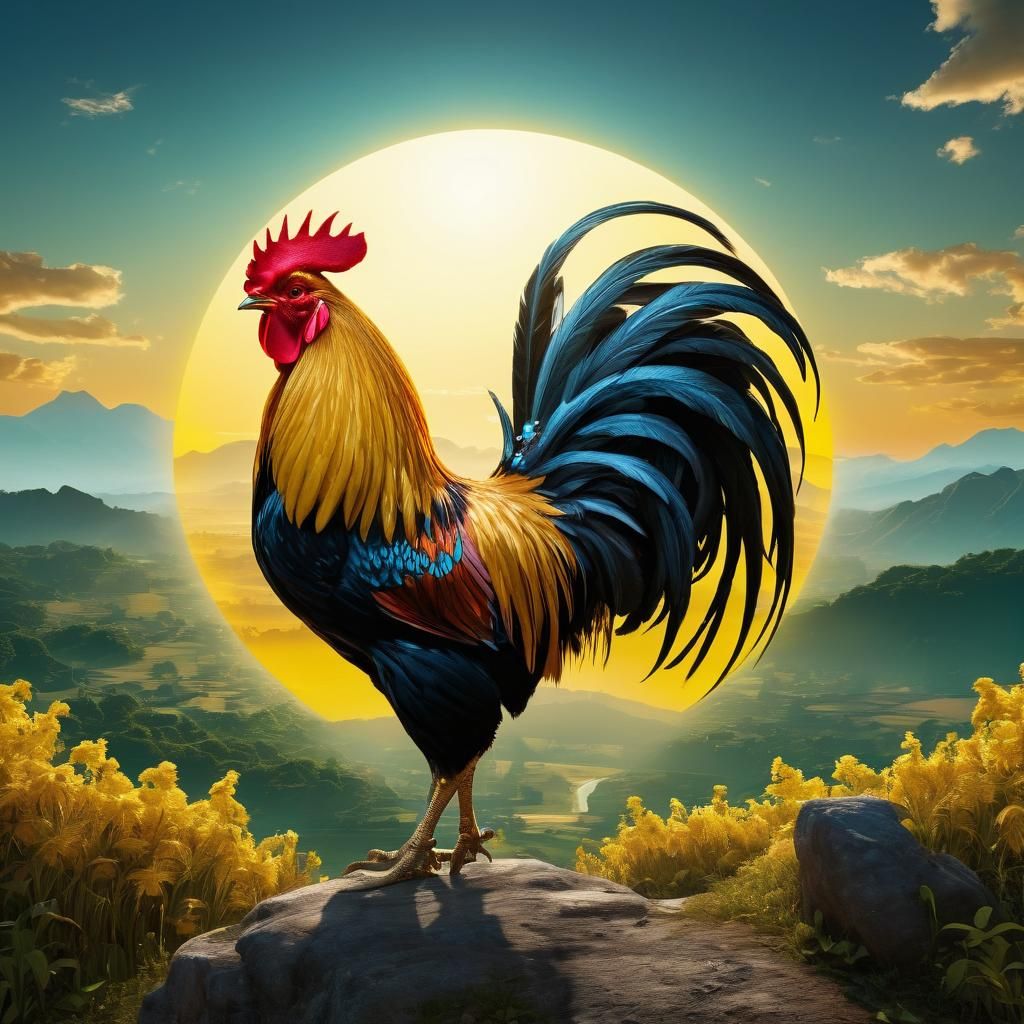 Rooster in a Whimsical Utopian Landscape