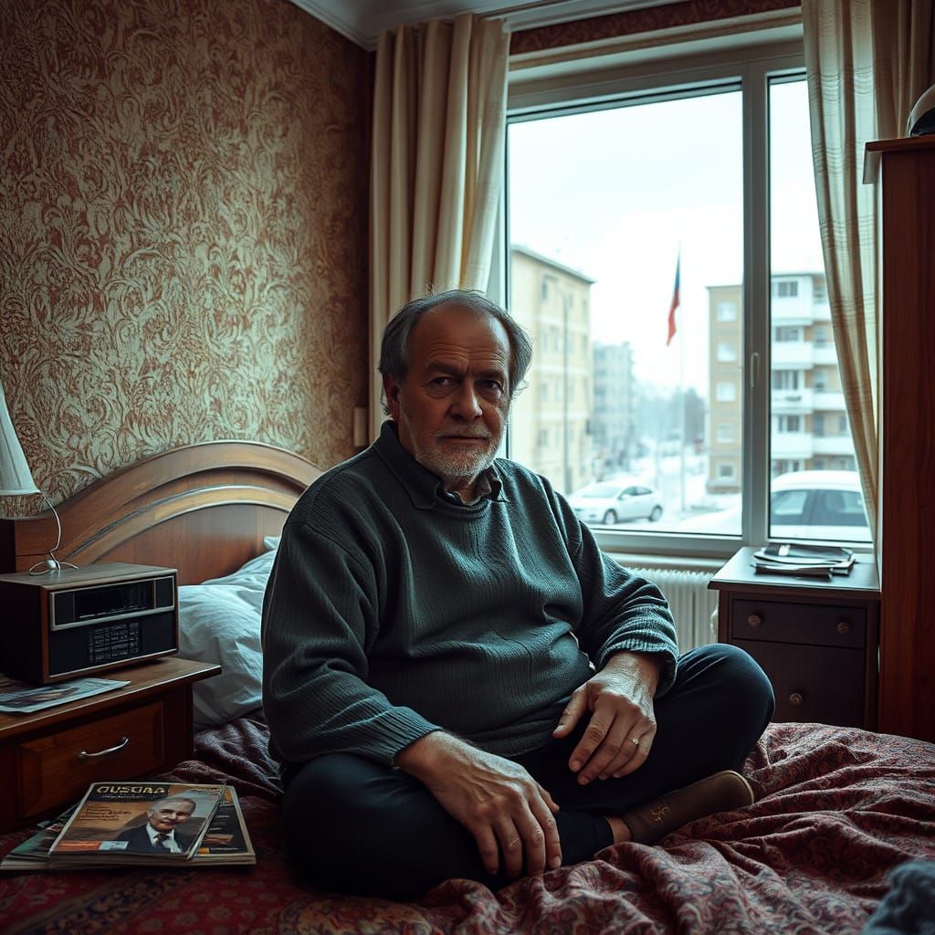 Middle-Aged Russian Man in 1980s Winter Krushchyovka