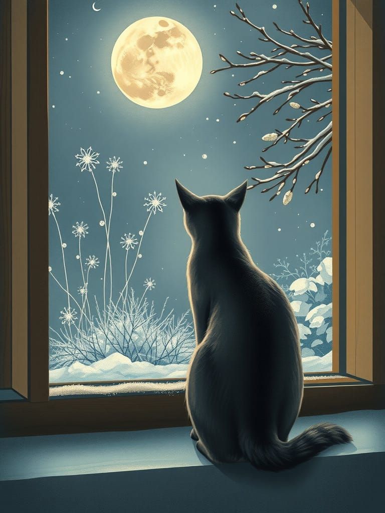 Whimsical Cat Contemplates Frosty Winter Moonlit Night