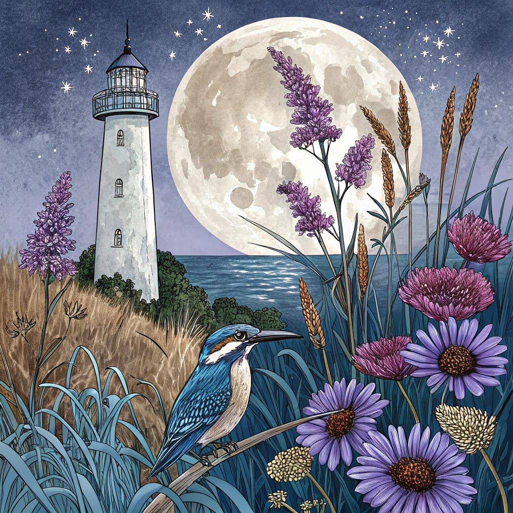 Moonlit Lighthouse Scene with Vibrant Blooms