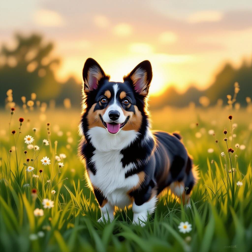 Black Corgi in Lush Meadow at Sunrise Oil Painting