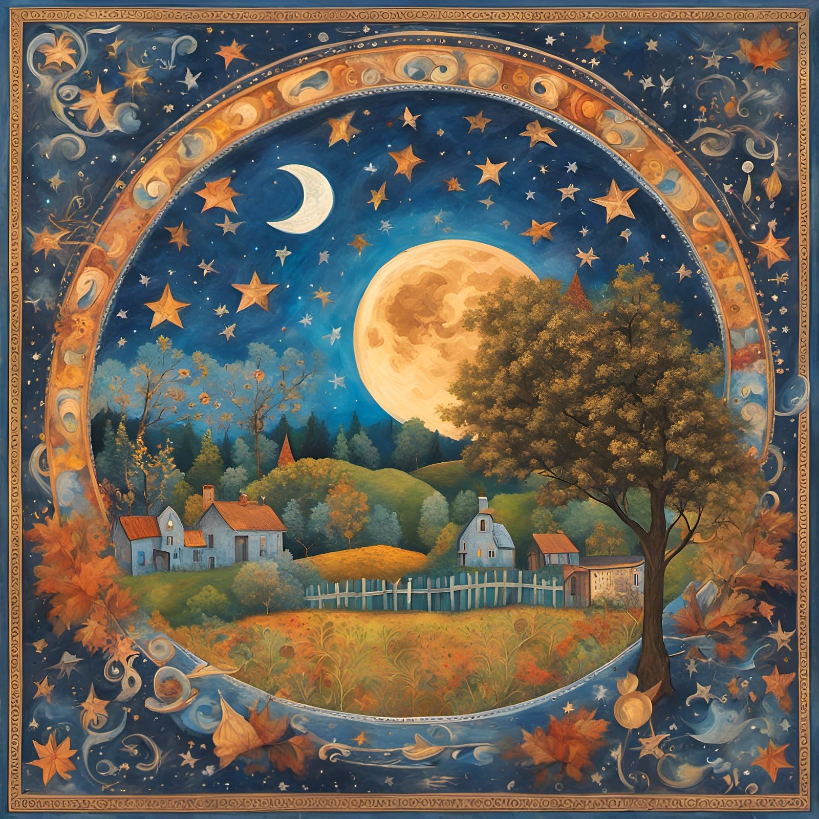 Harvest Moon Over Folk Art Landscape