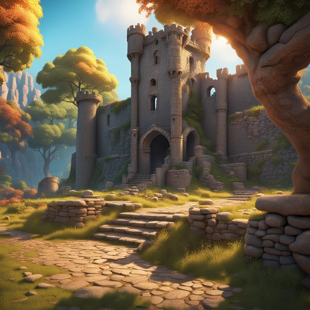 Medieval Castle Ruins in Pixar Style 3D Art