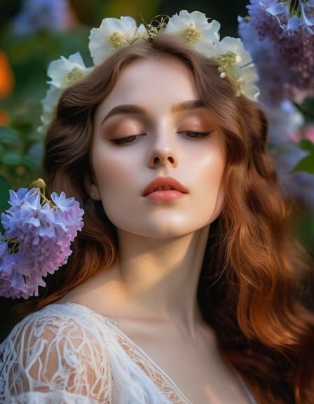 Ethereal Woman in Garden: Pre-Raphaelite Style