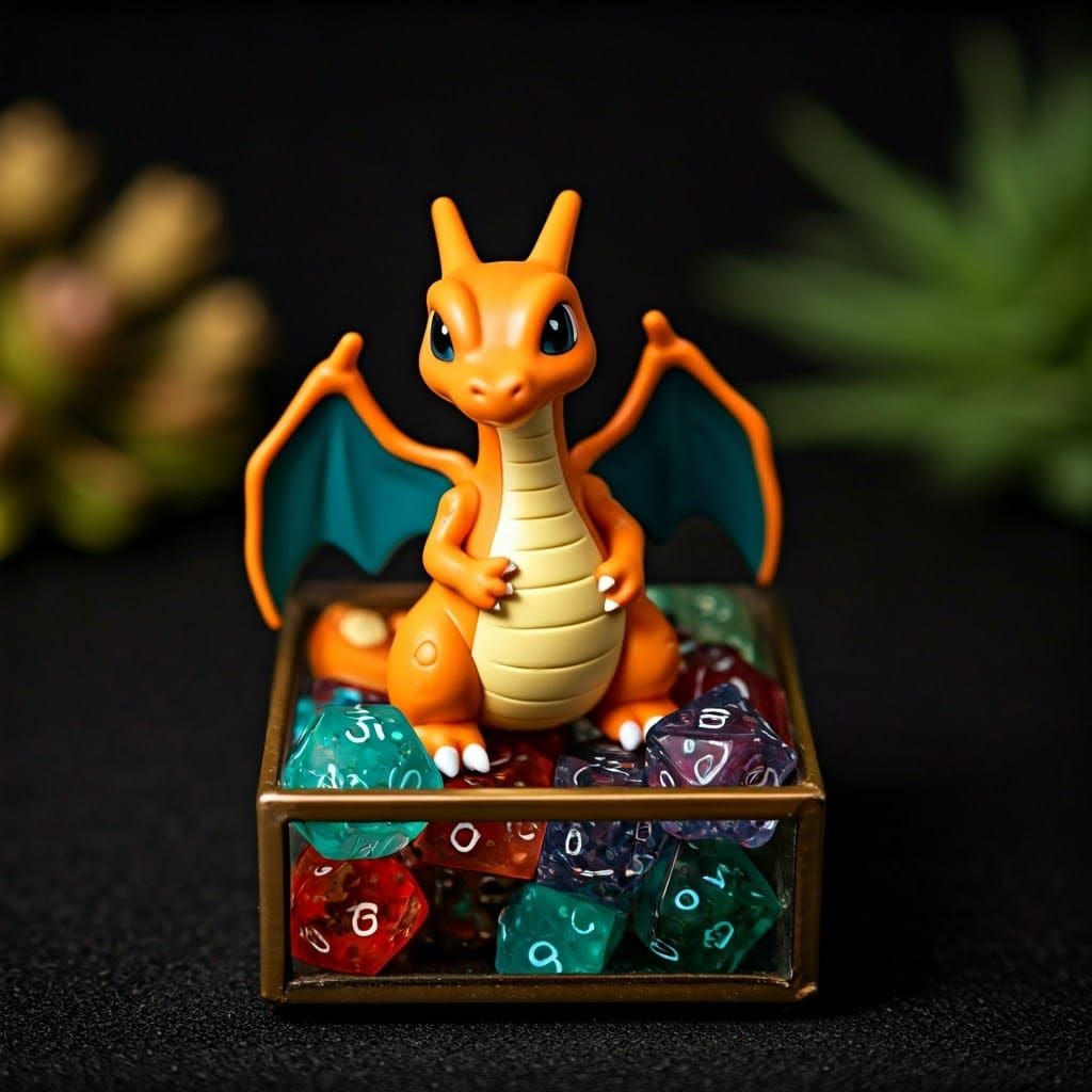 Miniature Charizard Dragon with Glowing RPG Dice