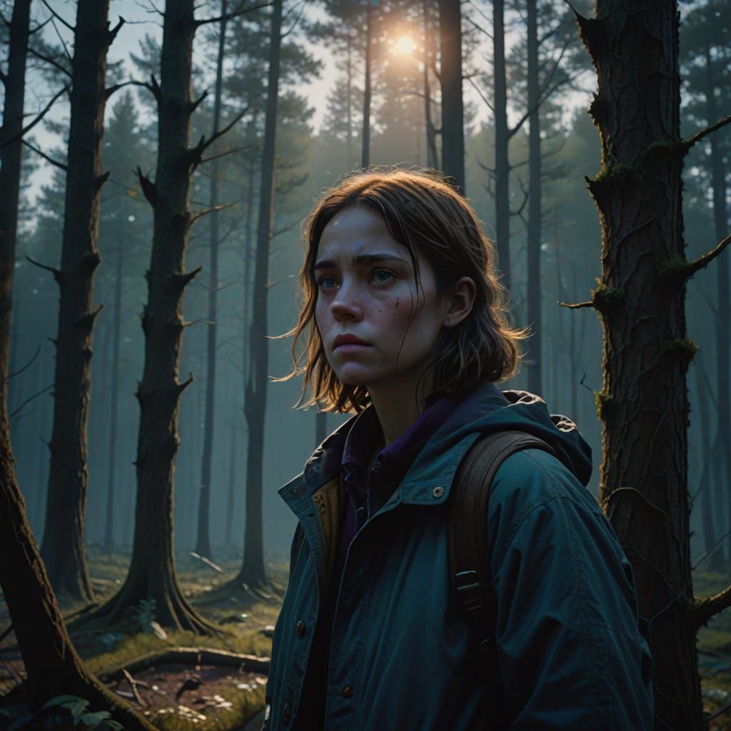 A Young Woman Contemplates the Shadows in a Haunting Forest....