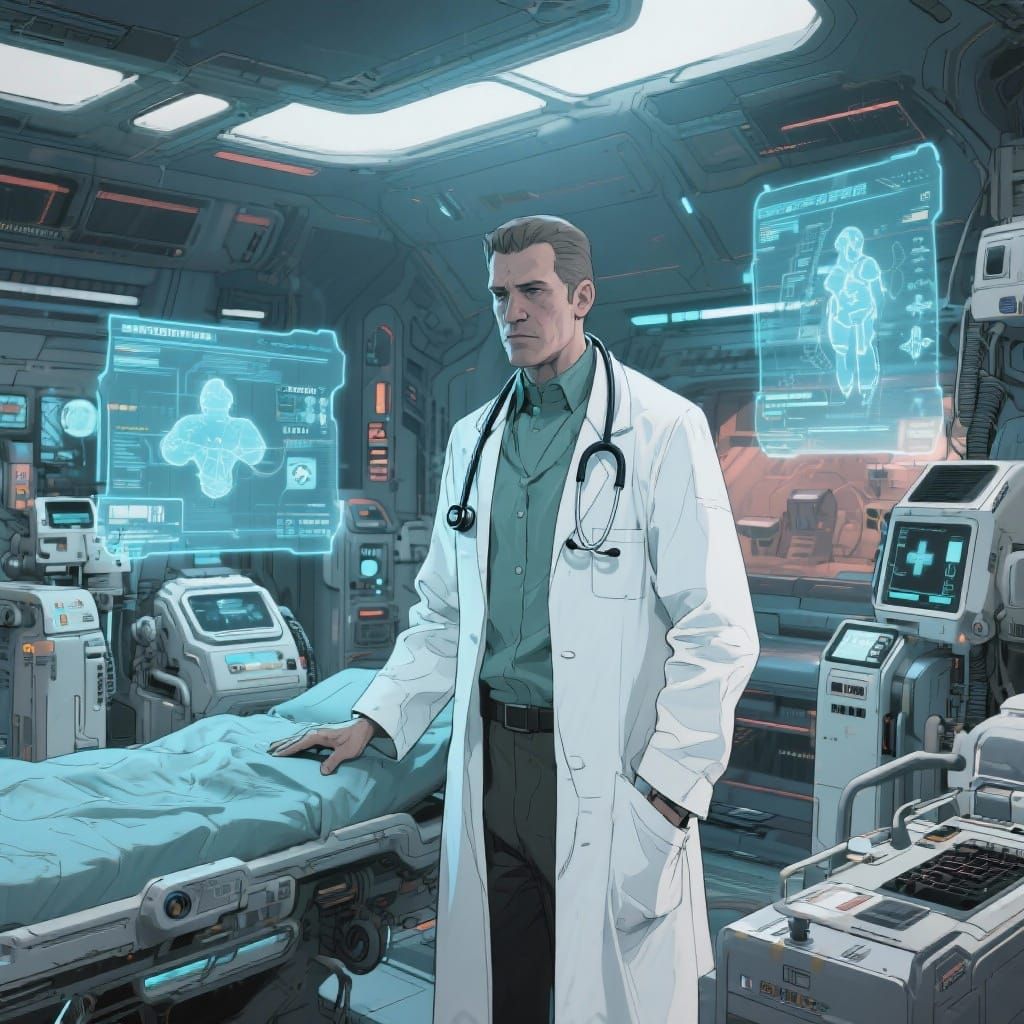 Futuristic Doctor in Advanced Sick Bay