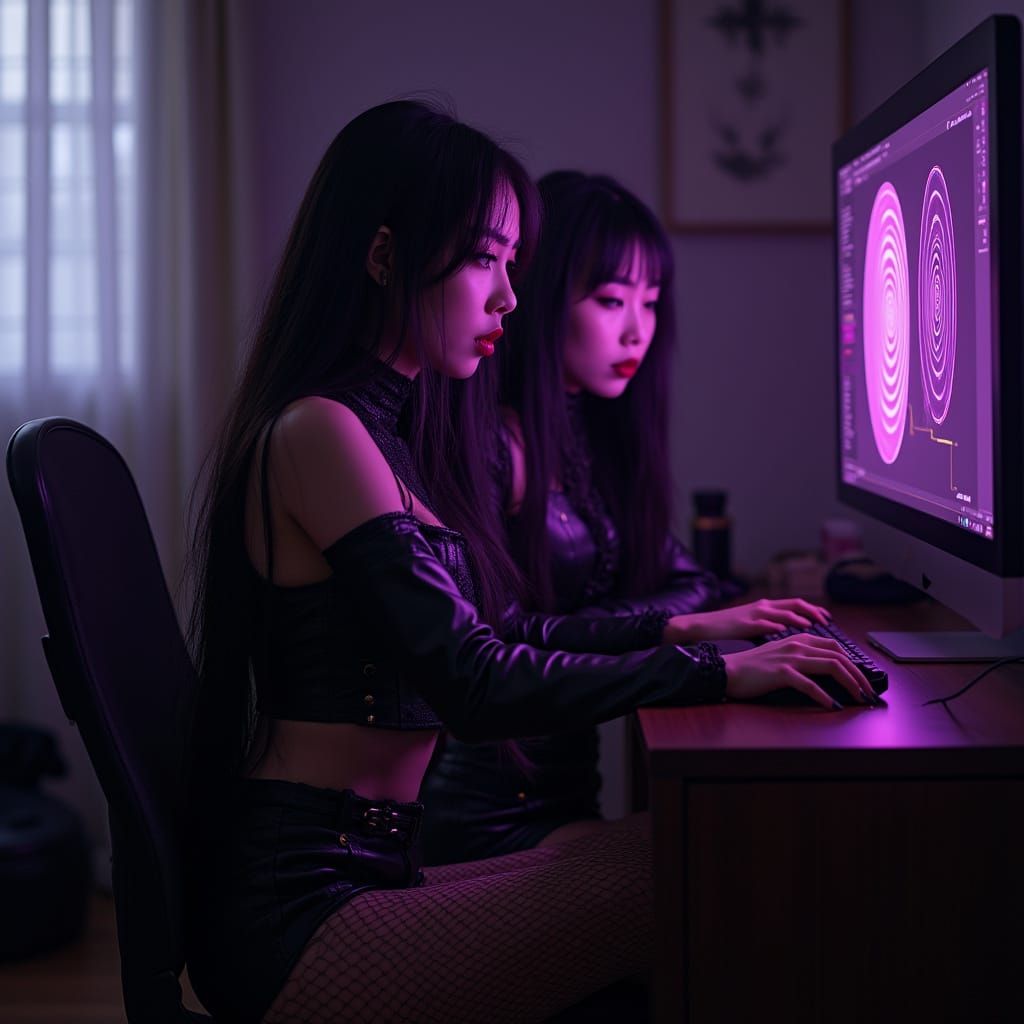 Hypnotized Gothic Asian Women Staring at Computer Screen