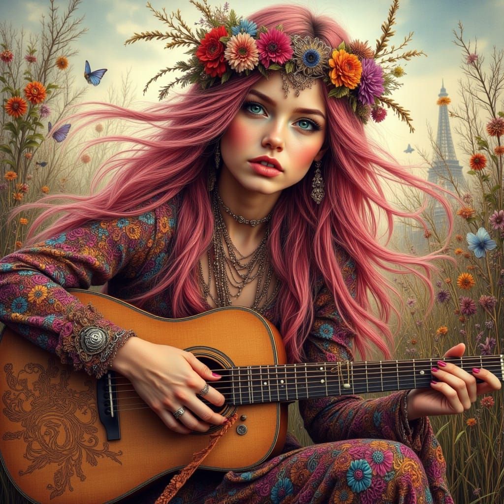 Glamorous Hippie Girl in Whimsical Festival Setting