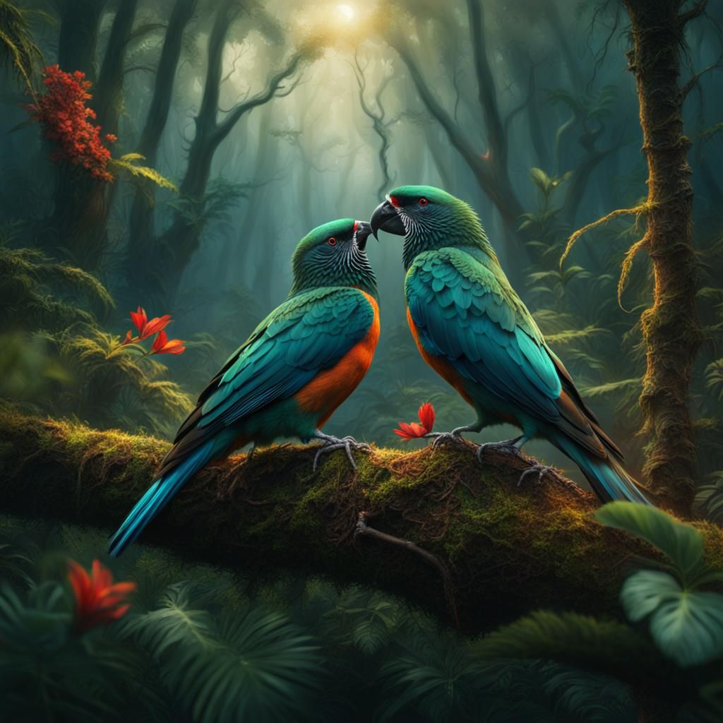 Lovebirds Mating Ritual in Dramatic Forest Painting
