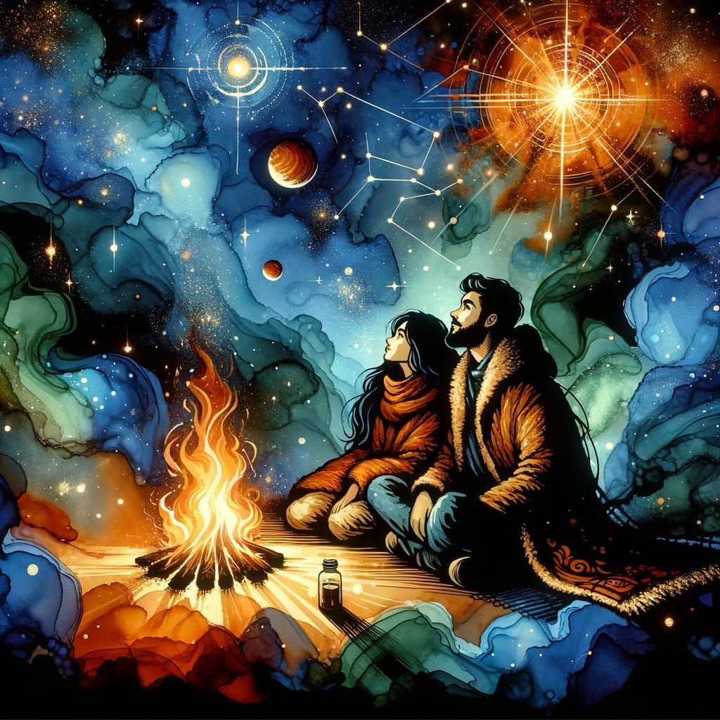 Stargazing Couple in Alcohol Ink Style