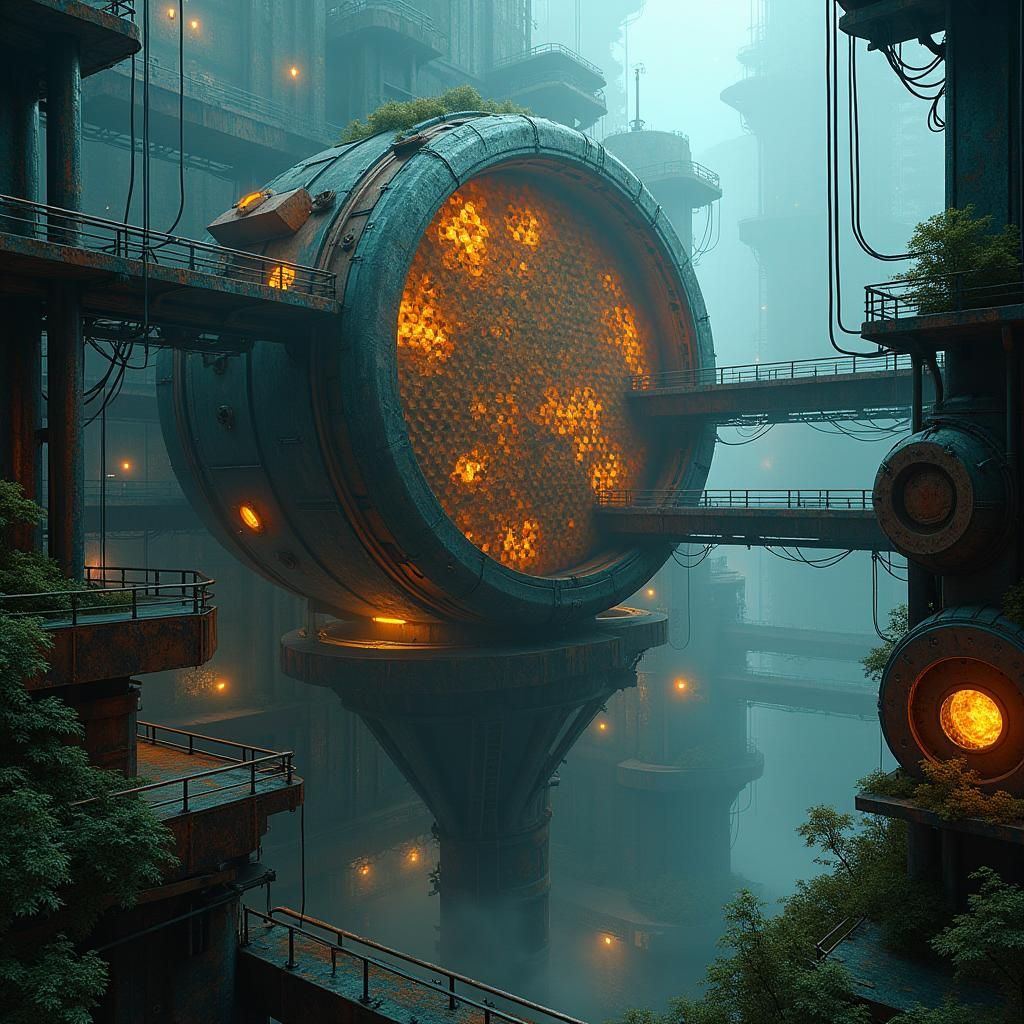 Cyberpunk Beehive with Iridescent Honey on Industrial Platfo...