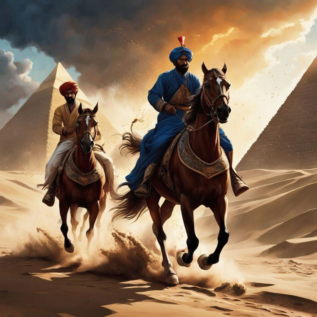 Arabian Cavalrymen Charging to Conquest near Egypt's Pyramid...