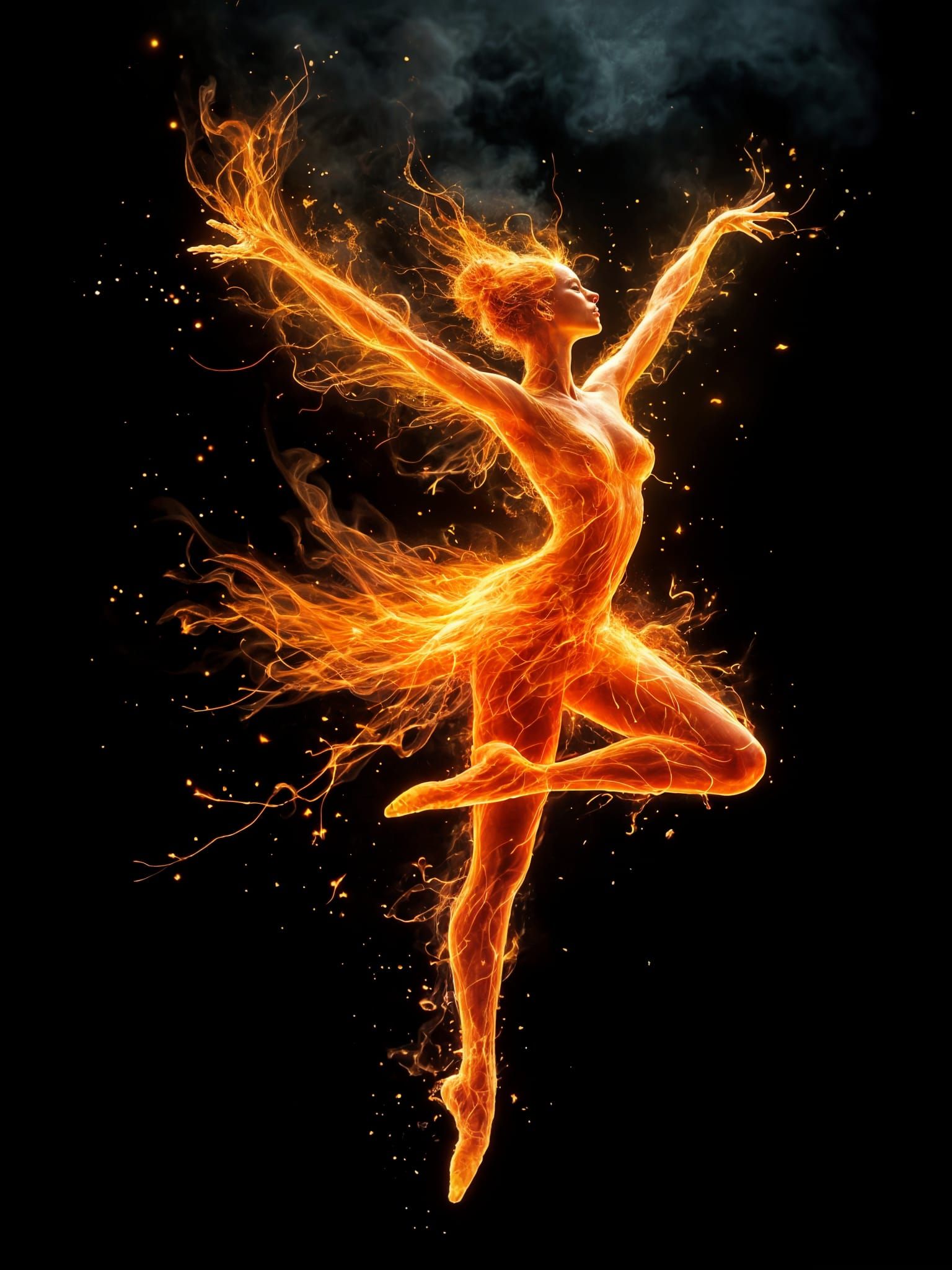 Ethereal Fire Dancer Mid-Pose in Surreal Style