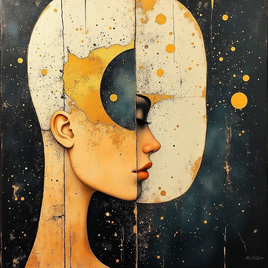 Surrealist Fusion of Wood and Gold in Geometric Abstract Art